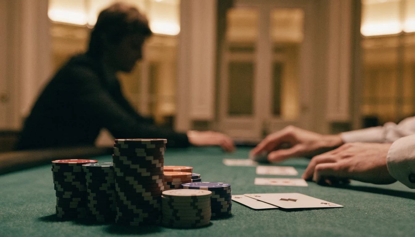 Blackjackbord med grönt filttyg, marker och kort i elegant casinomiljö