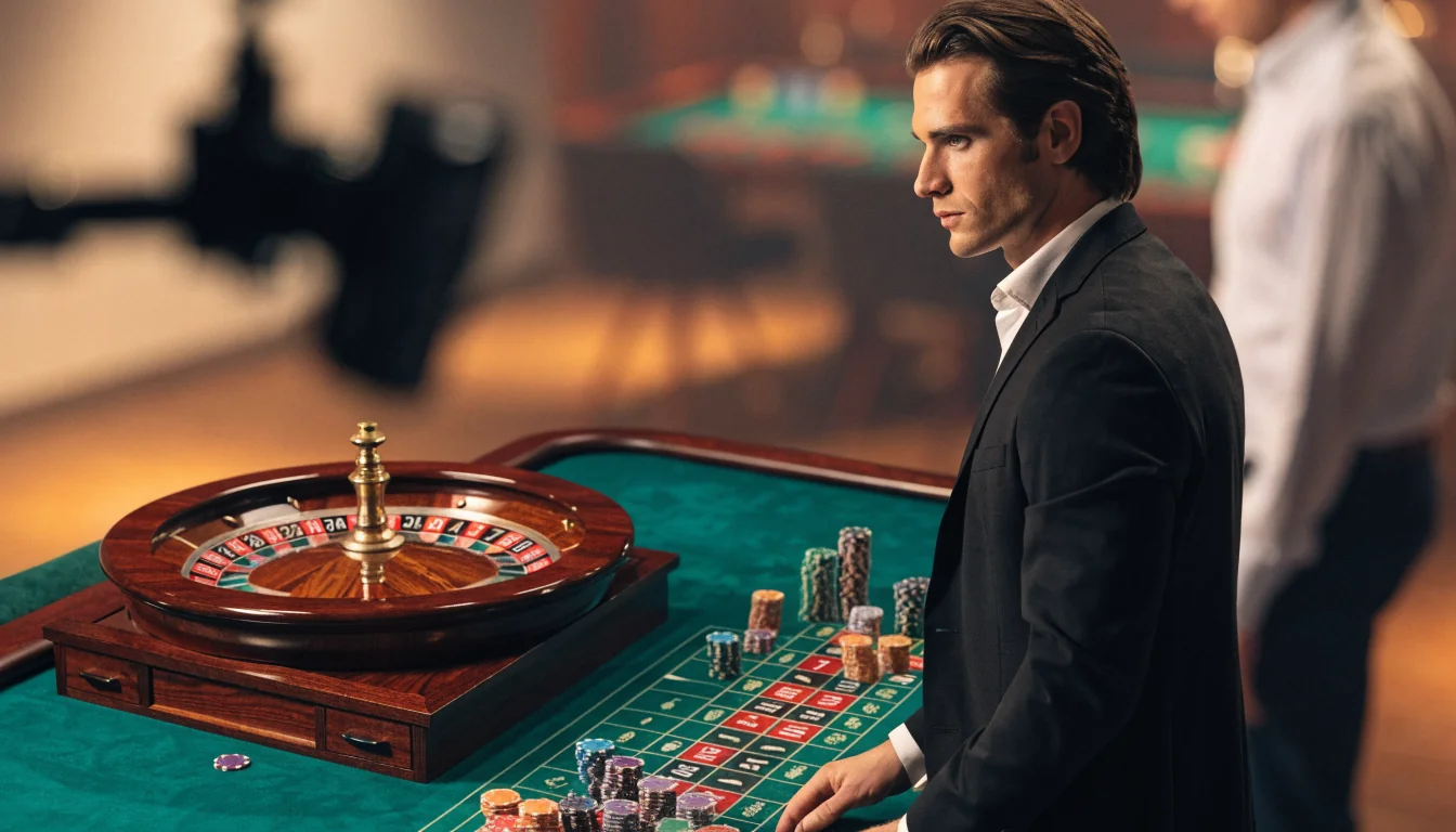 Professionell croupier vid ett roulettebord i en live casinostudio