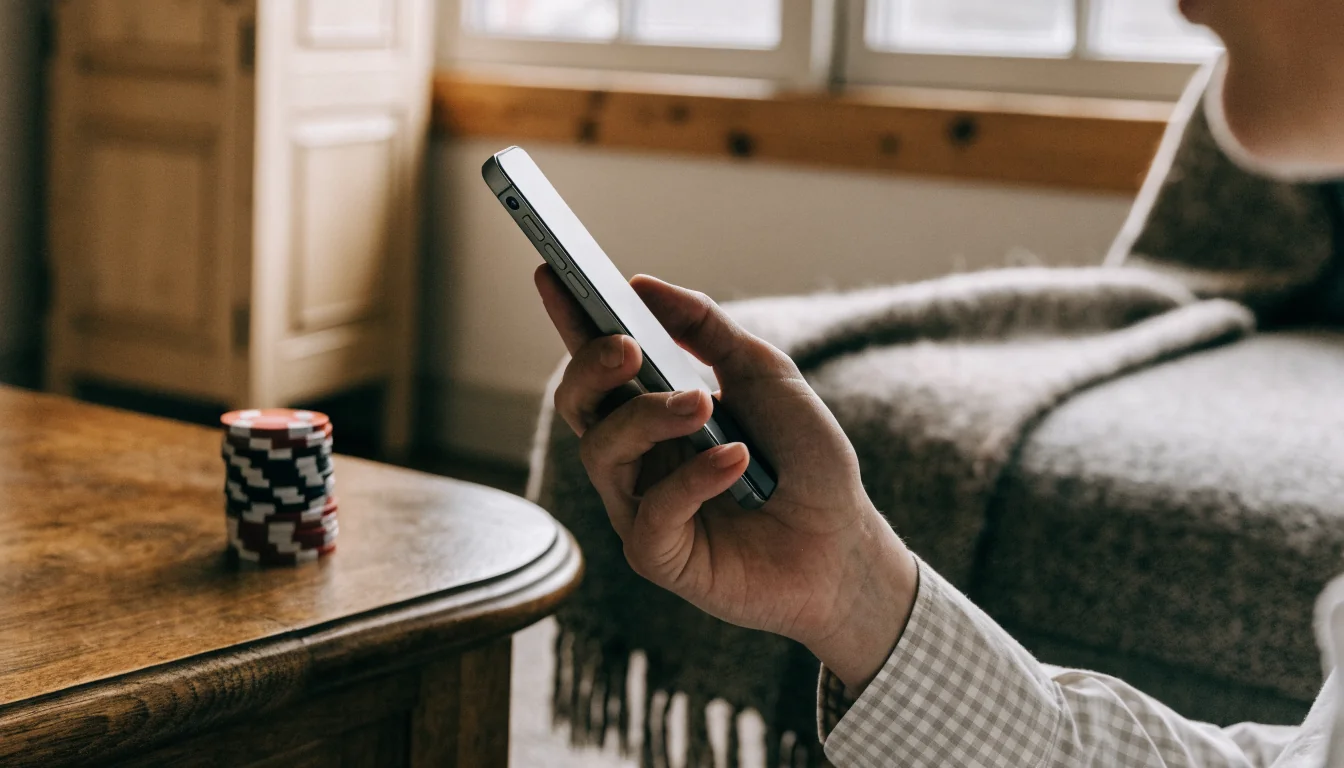 Person som håller en smartphone i ett mysigt svenskt vardagsrum med casinomarker