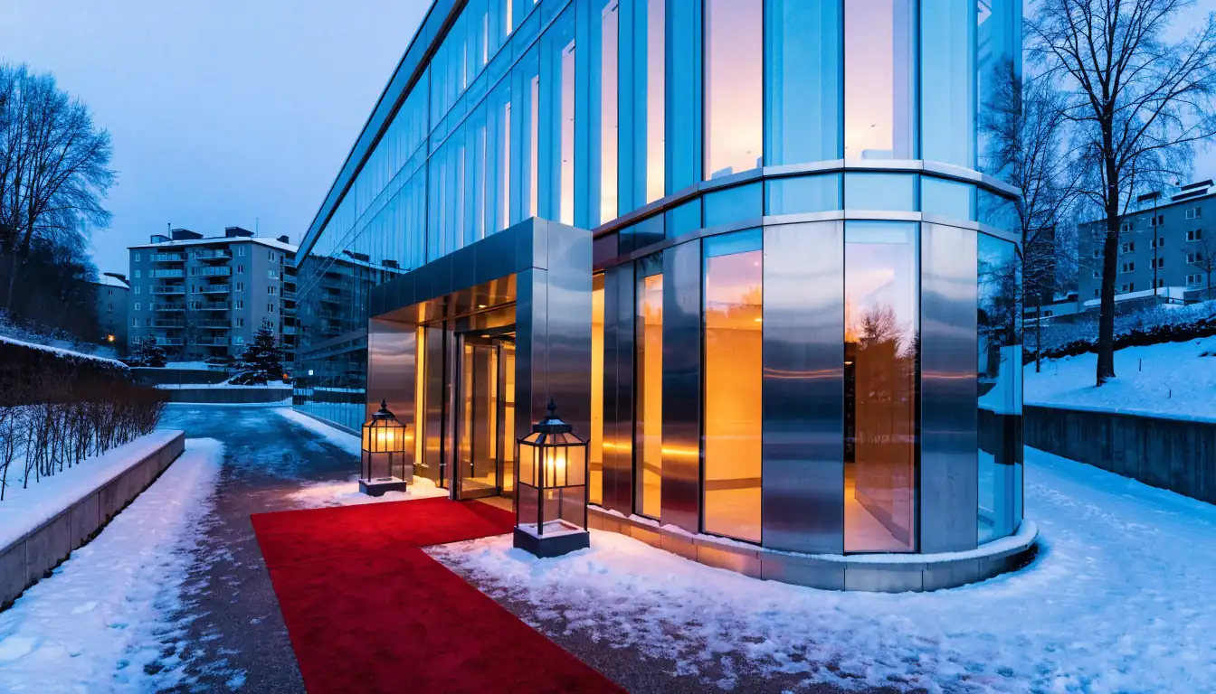 Modern casinobyggnad i Stockholm vid skymning med varm belysning och snö
