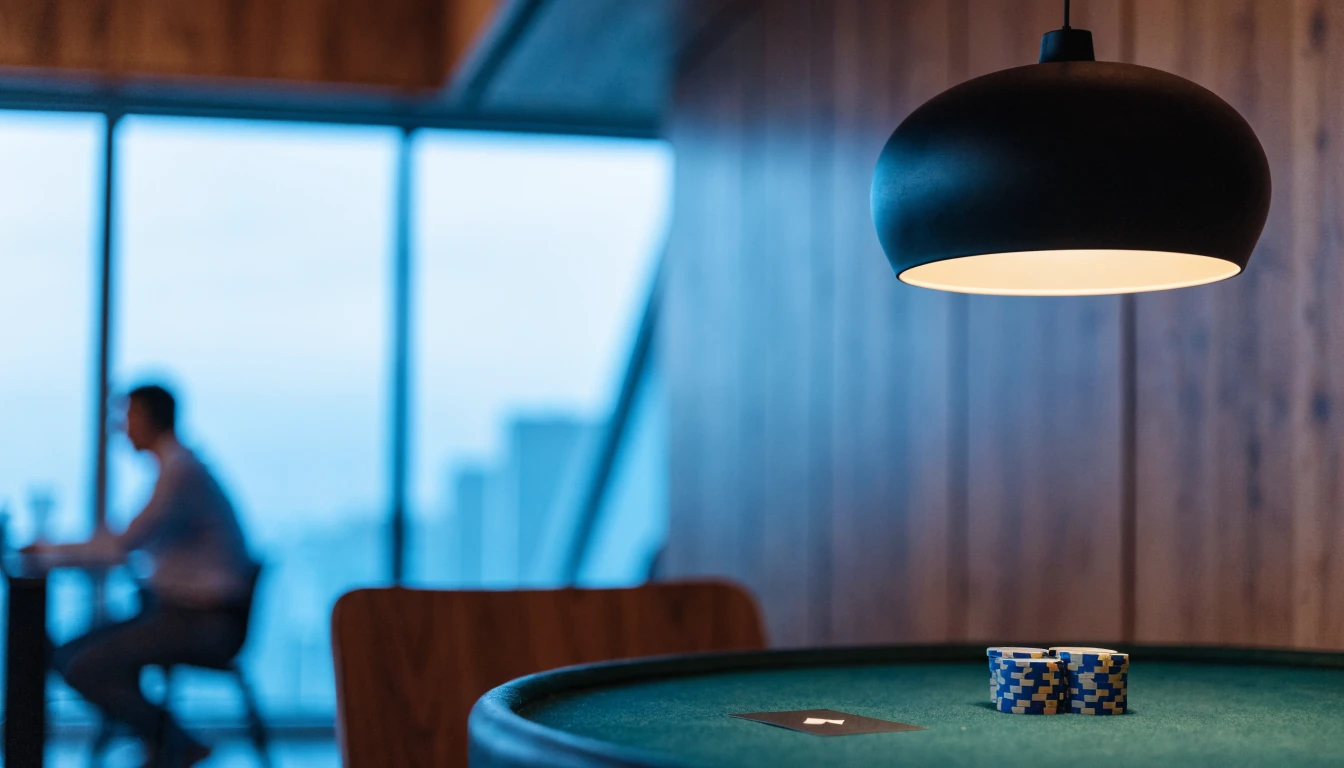 Modern skandinavisk casinolounge med marker och ett ess på filtbord