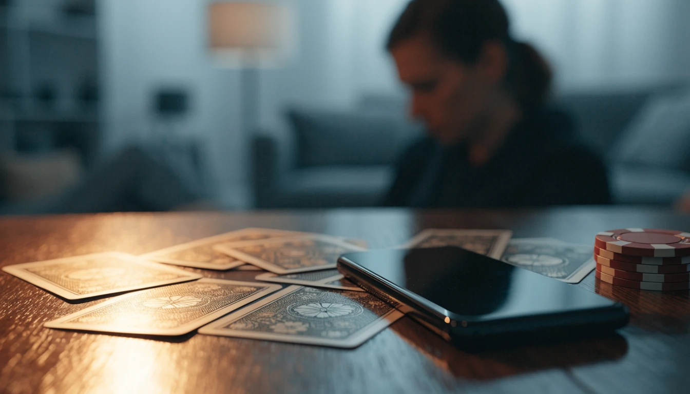 Smarttelefon med blackjack-kort och casinomynt på ett bord