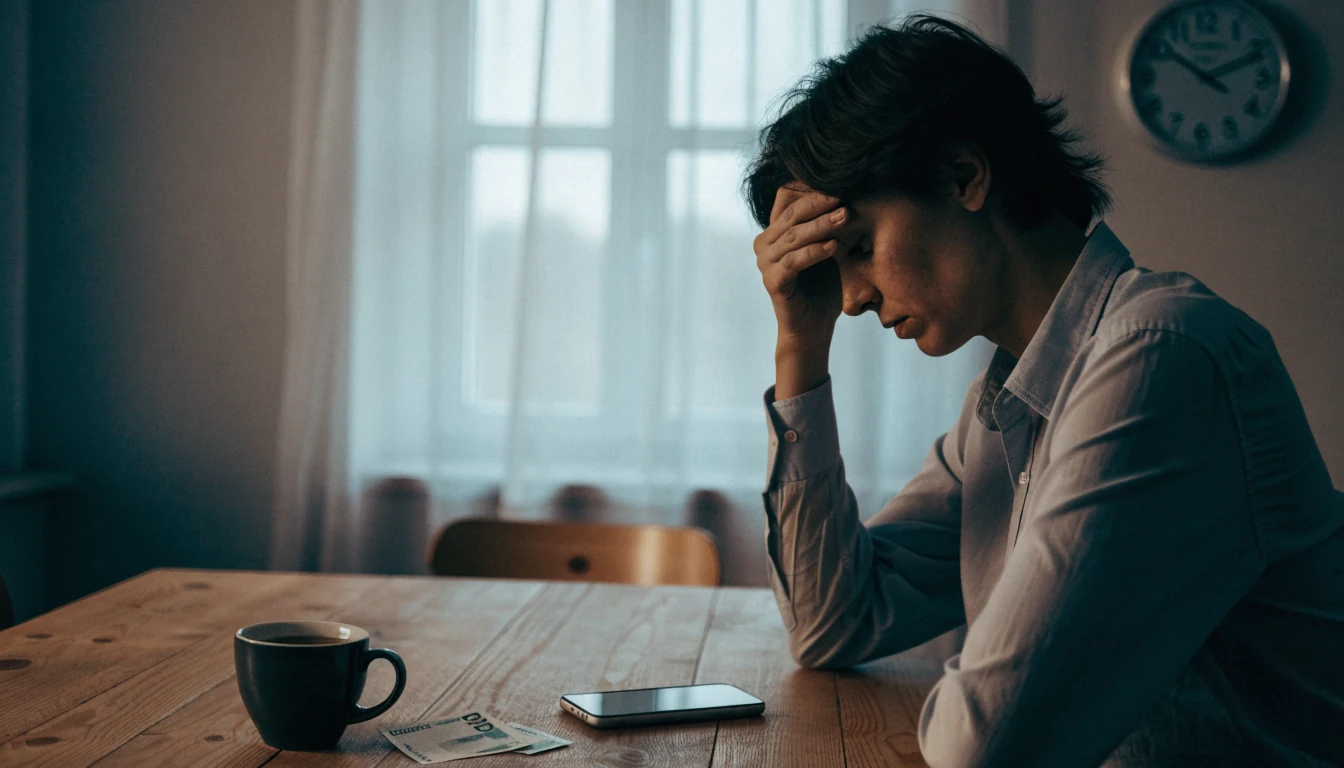 En person sitter ensam vid bordet med en telefon vänd nedåt, i ett lugnt skandinaviskt rum