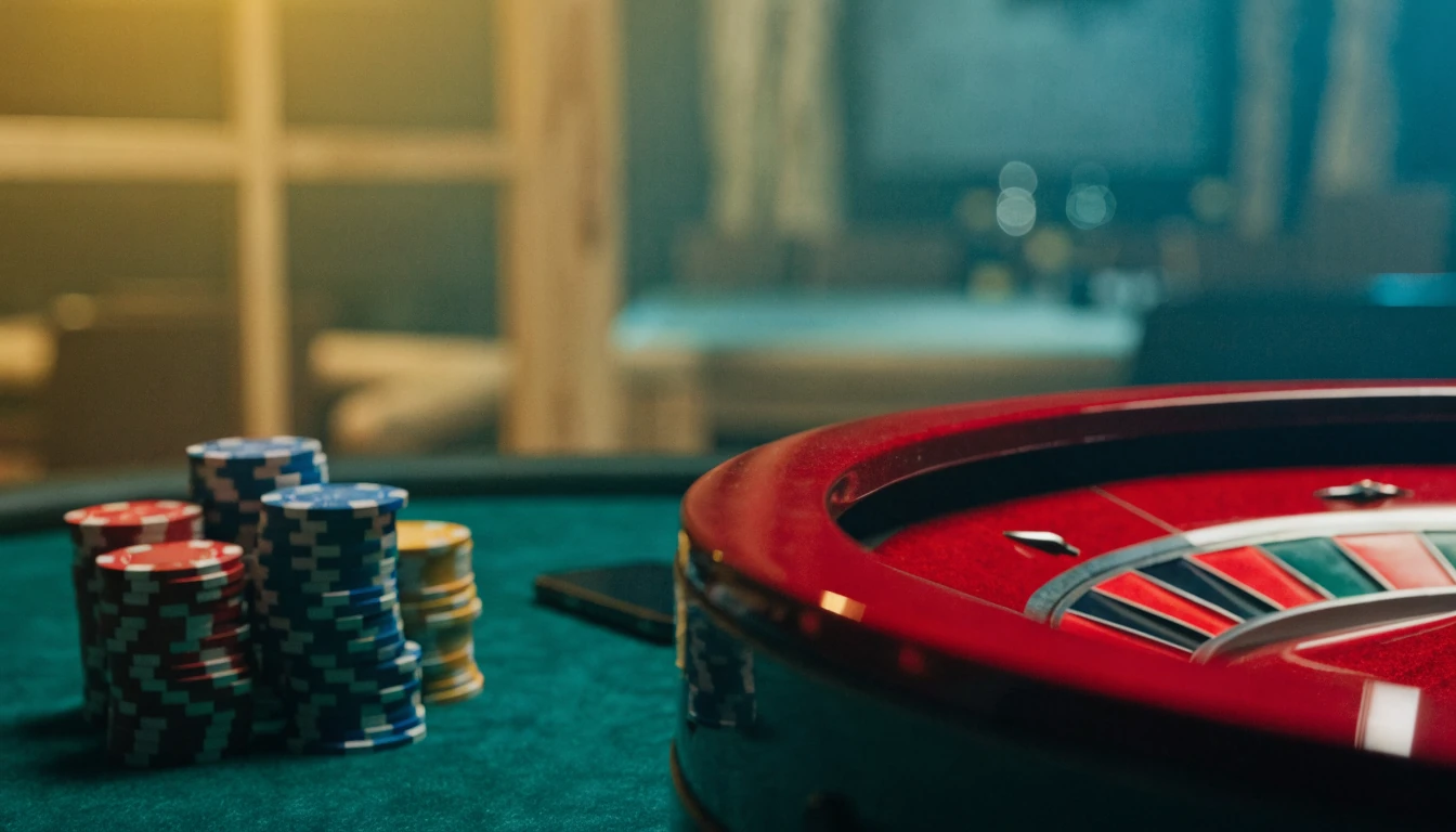 Elegant casinobord med roulette och marker i lyxig atmosfär