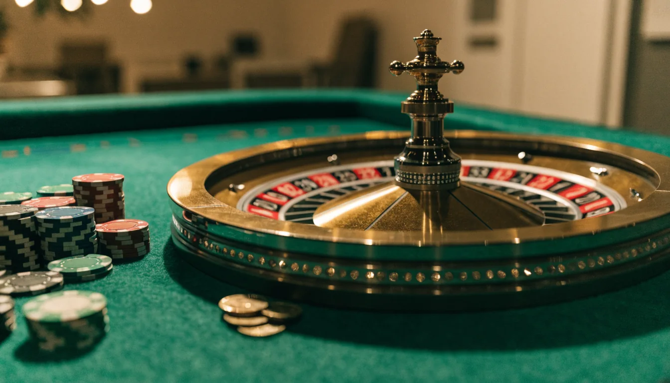 Klassiskt roulettehjul med färgglada casinokmarker på grönt filtbord
