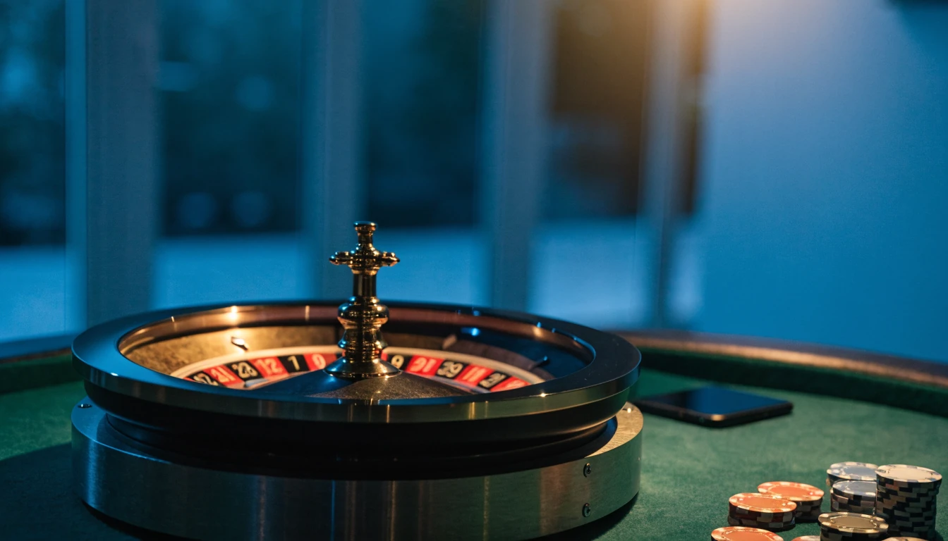 Ett elegant roulettehjul på grön filtbord i modern skandinavisk miljö med casinofärgade marker