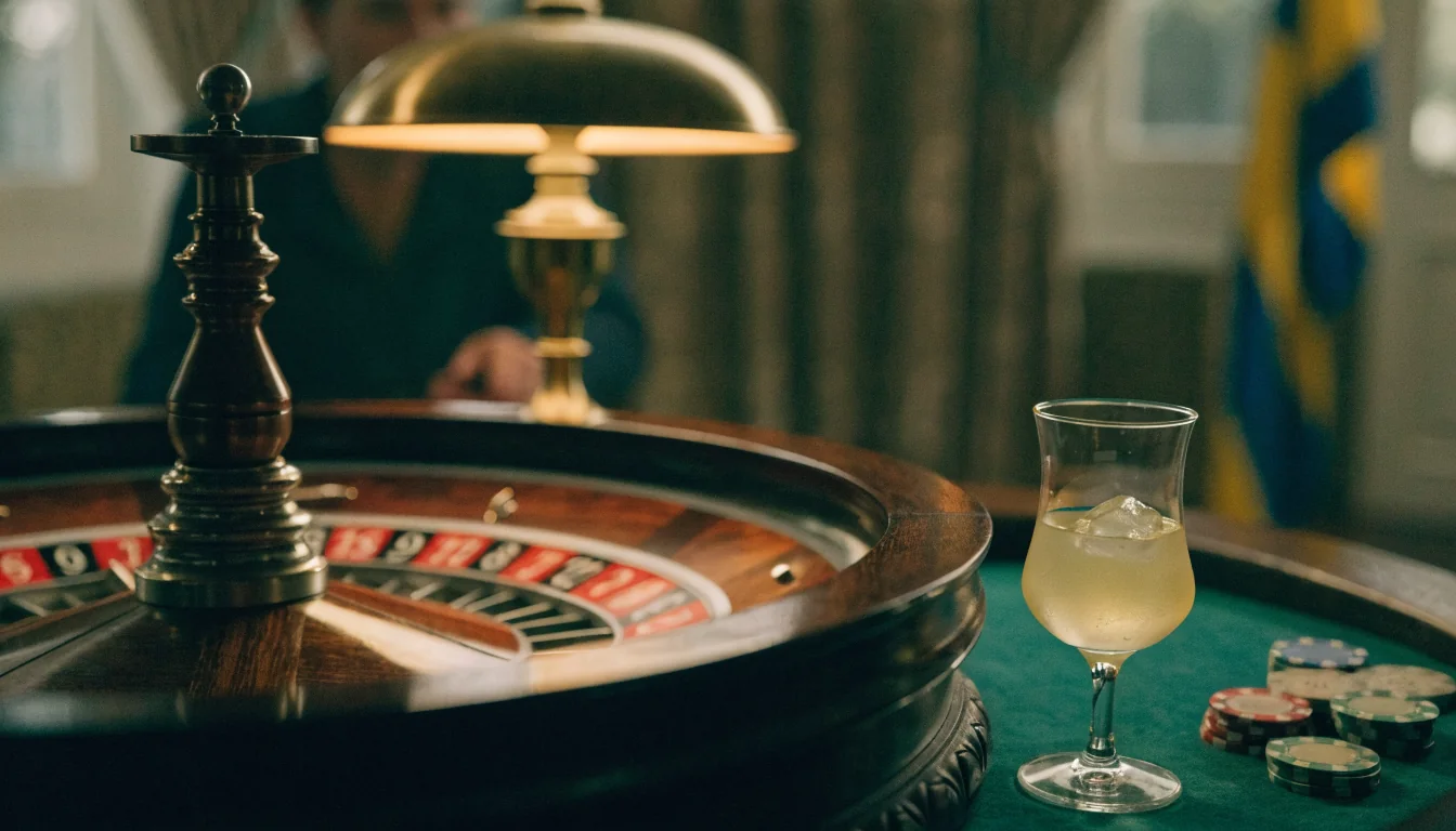 Elegant roulettebord med hjul och insatser, svensk casinostil