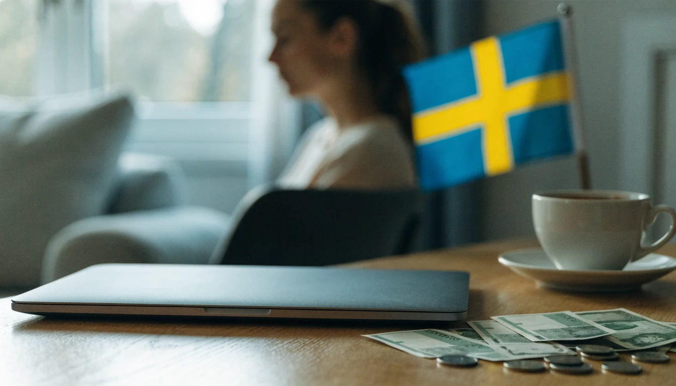 Svensk krona sedlar och mynt vid en stängd bärbar dator