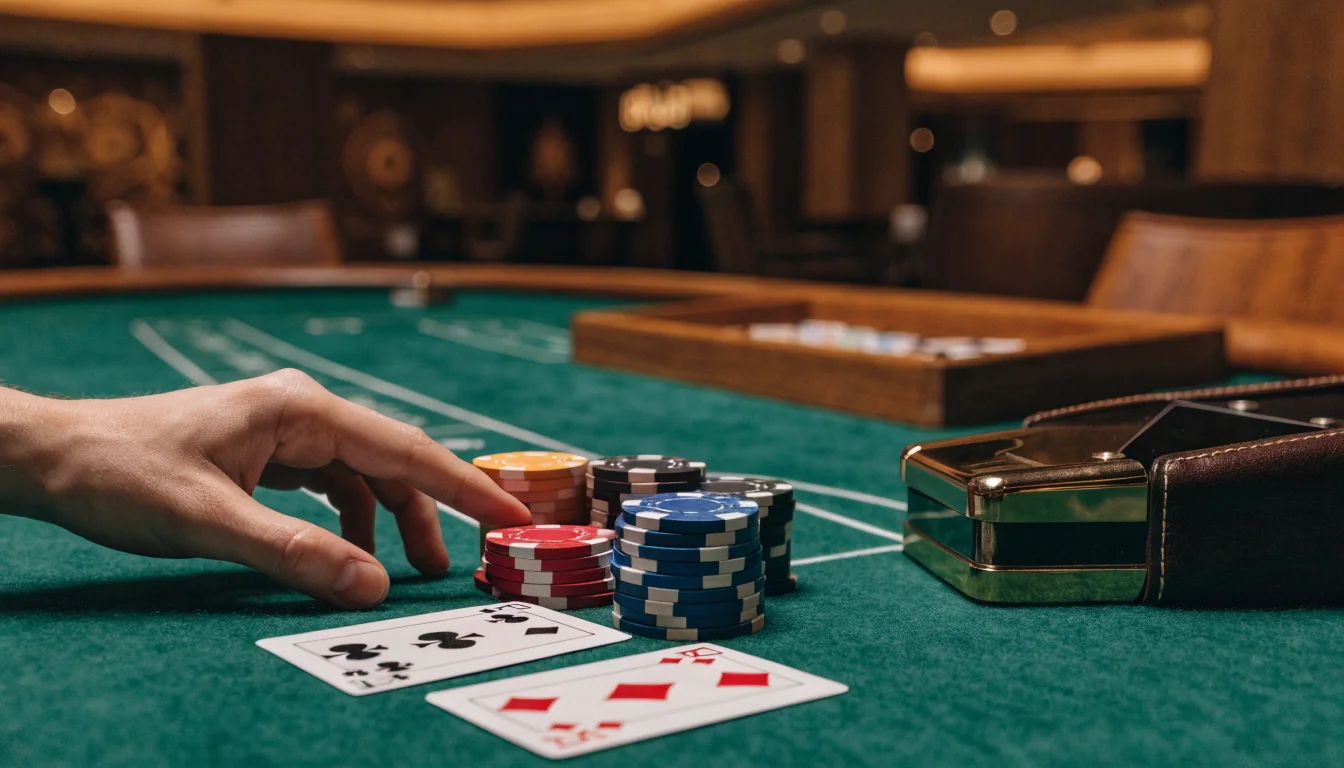 Elegant blackjackbord med färgglada casinotärningar och spelkort på grön filt