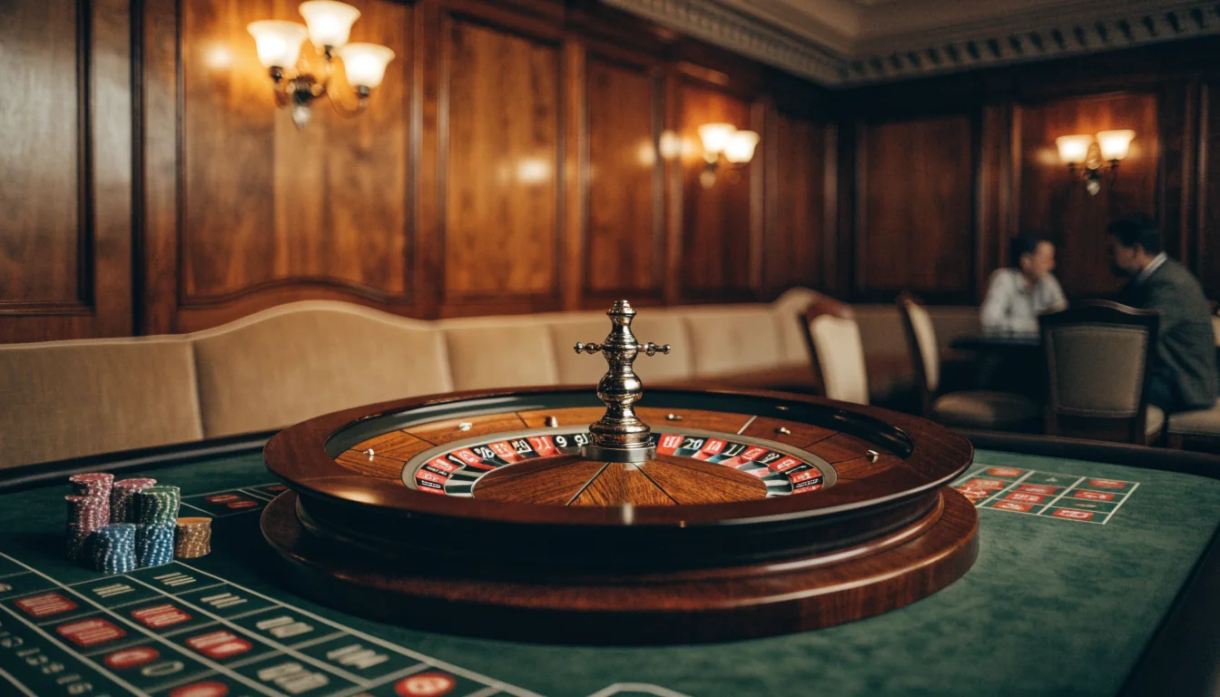 Klassiskt roulettehjul på grönt bord i elegant svensk casinomiljö