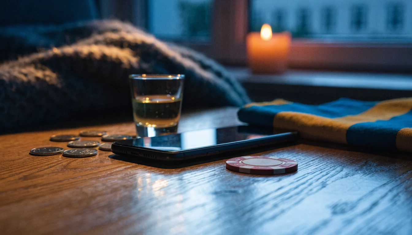 Smartphone liggande med skärmen nedåt på ett träbord med svenska kronor och pokermarker i dämpad blå och guld belysning