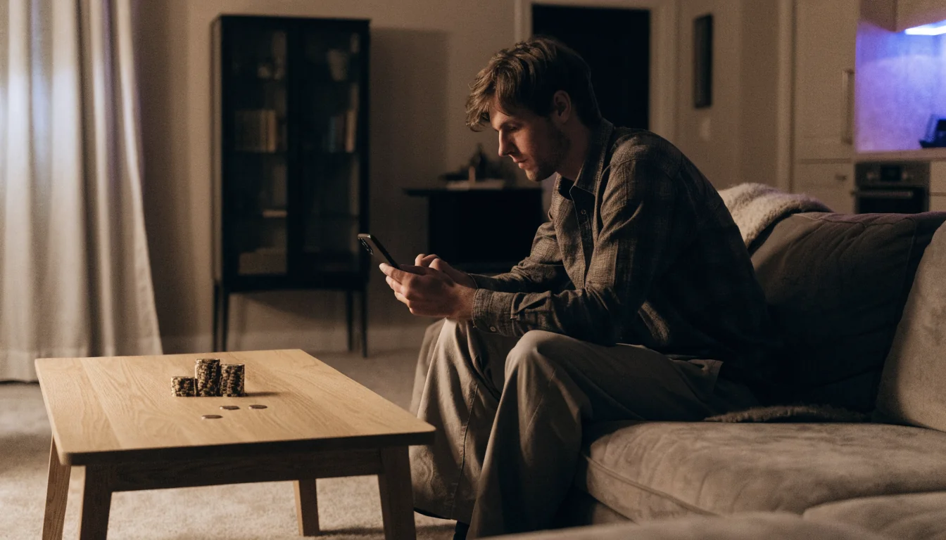 Man i modernt svenskt vardagsrum med telefon och casinomarker på bordet