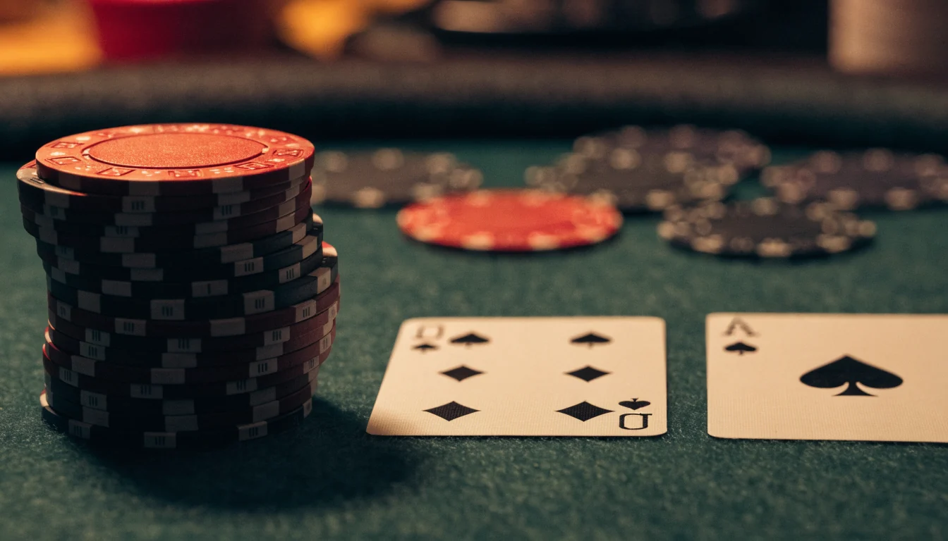 Närbild av blackjackbord med marker och kort i svensk casinomiljö