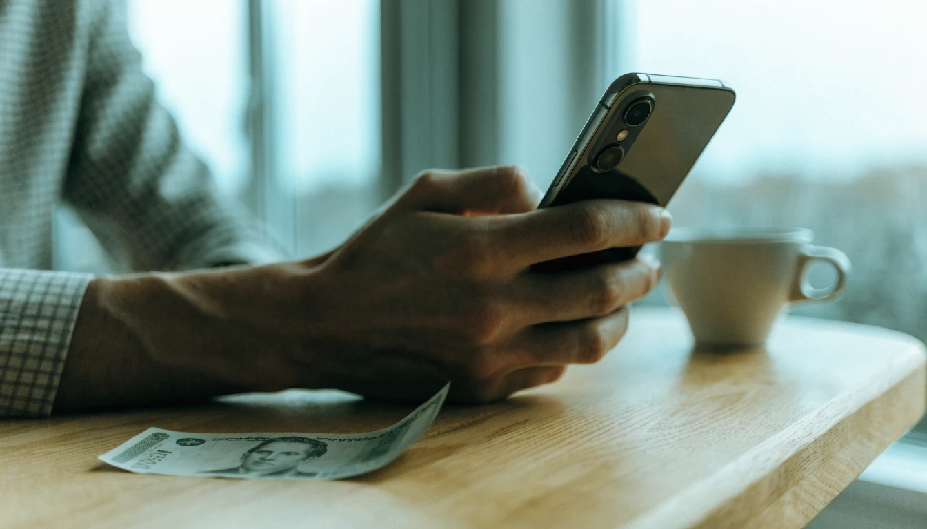 Hand som håller en smartphone vid ett träbord med svenska kronor och kaffe