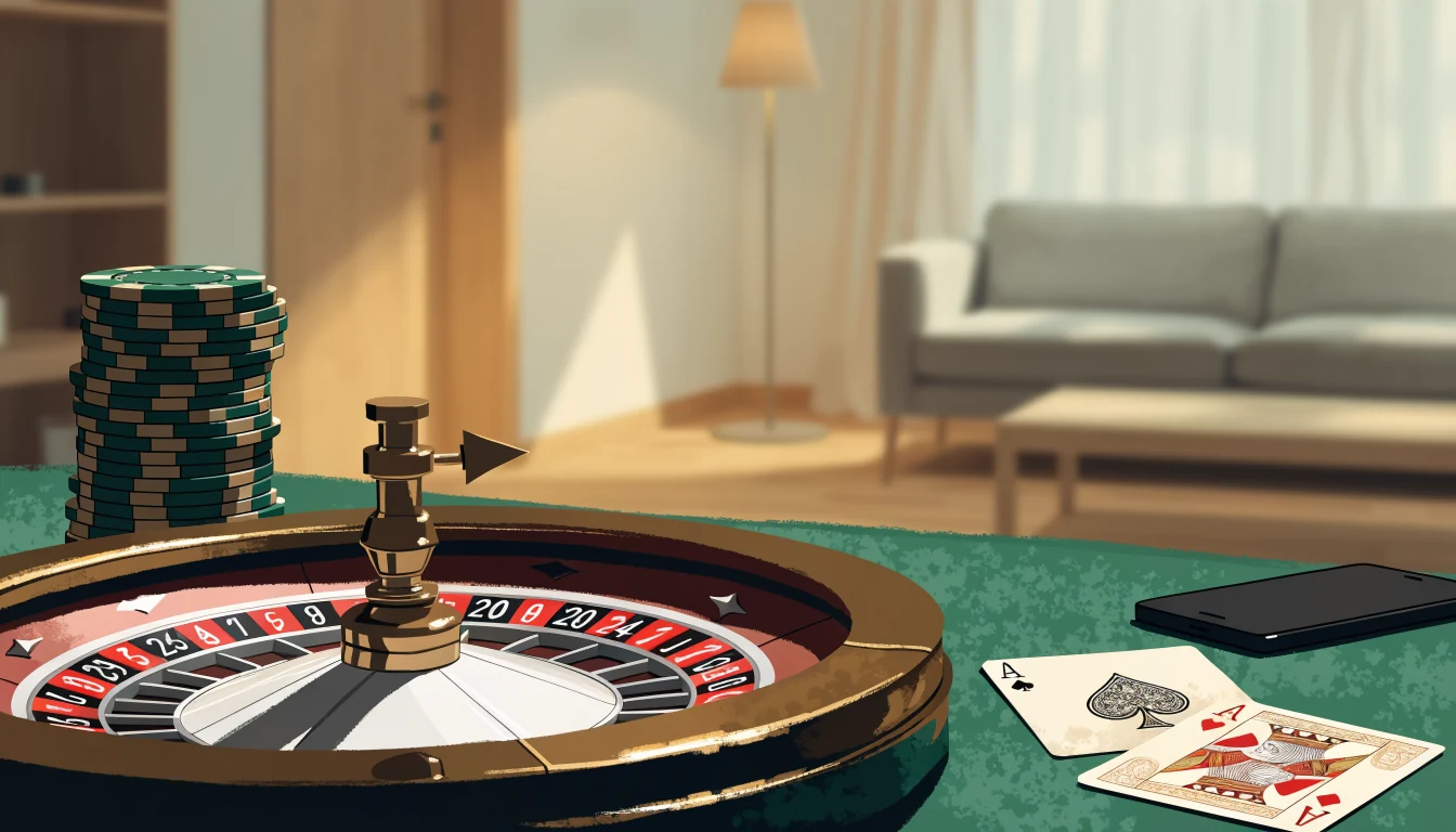 Casinochips, roulettehjul och kort på ett bord i en modern svensk vardagsrum.