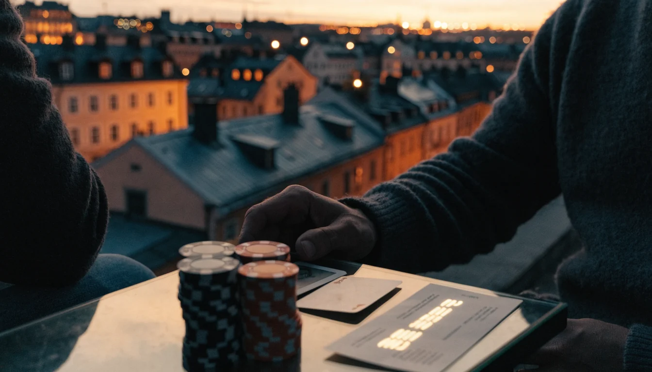 Stockholmskväll med casinofigurer och en kupong med bonuskod