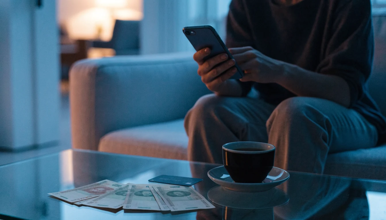 Person med smartphone i svenskt vardagsrum, kronorsedlar och bankkort på bordet