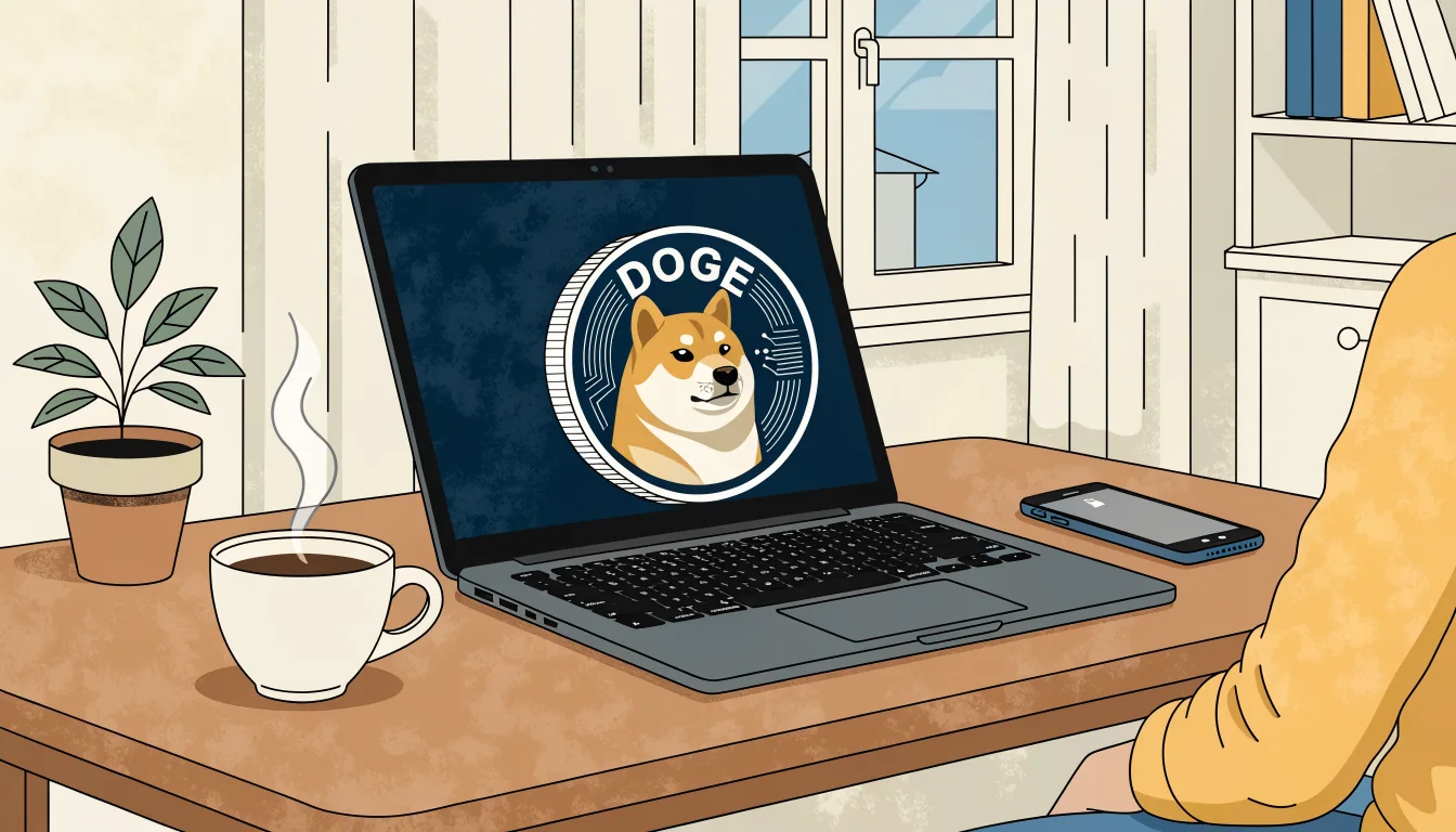 Skandinavisk skrivbord med bärbar dator och en lysande Dogecoin-mynt