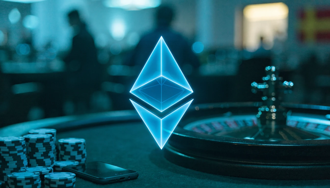Ethereum-symbol ovanför roulettebord med marker i svensk casinomiljö