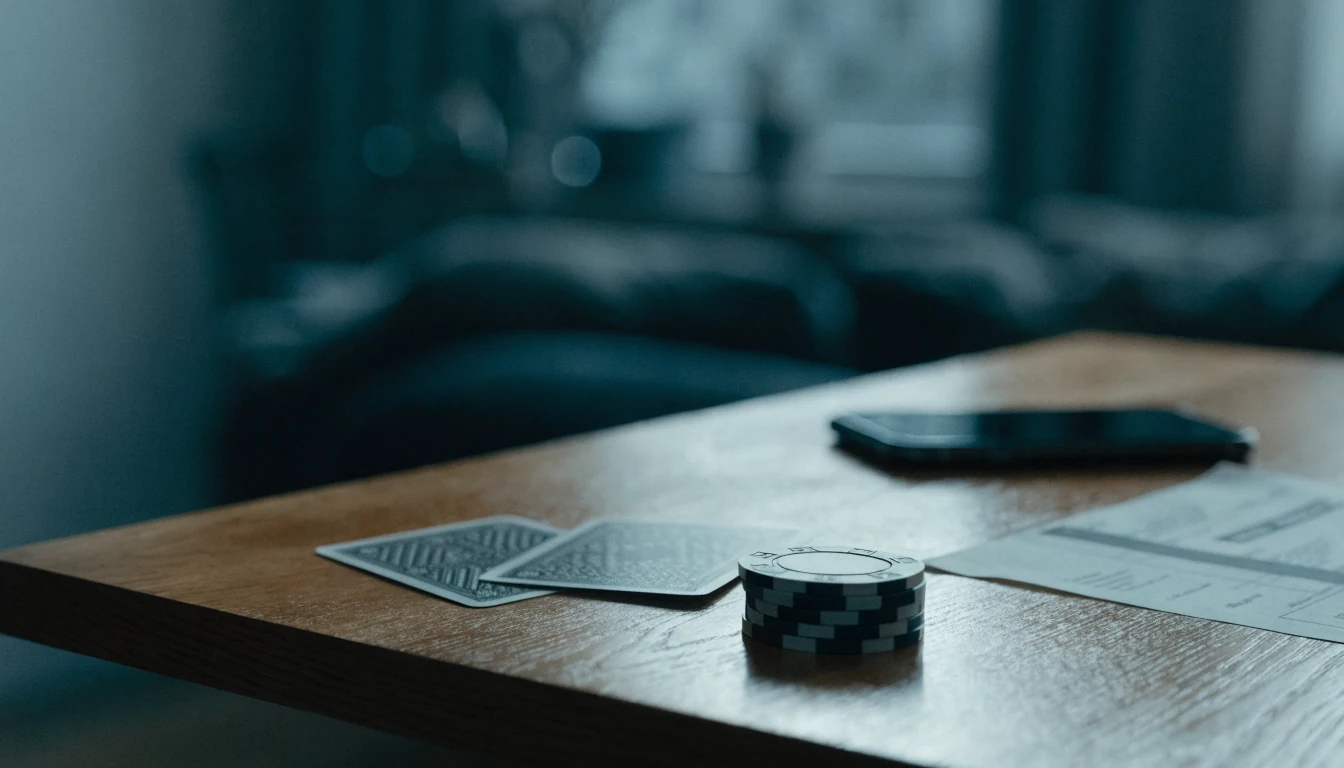 Casinochip, spelkort och pappersfaktura på ett nordiskt träbord