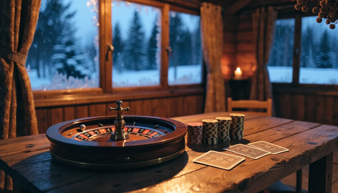 Mysig svensk stuga med roulettehjul och casinomarker på ett träbord