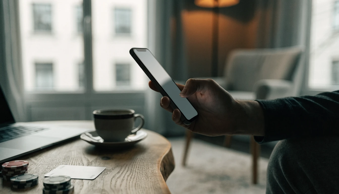 Mobil och laptop på soffbord med casinofigurer i modernt svenskt vardagsrum