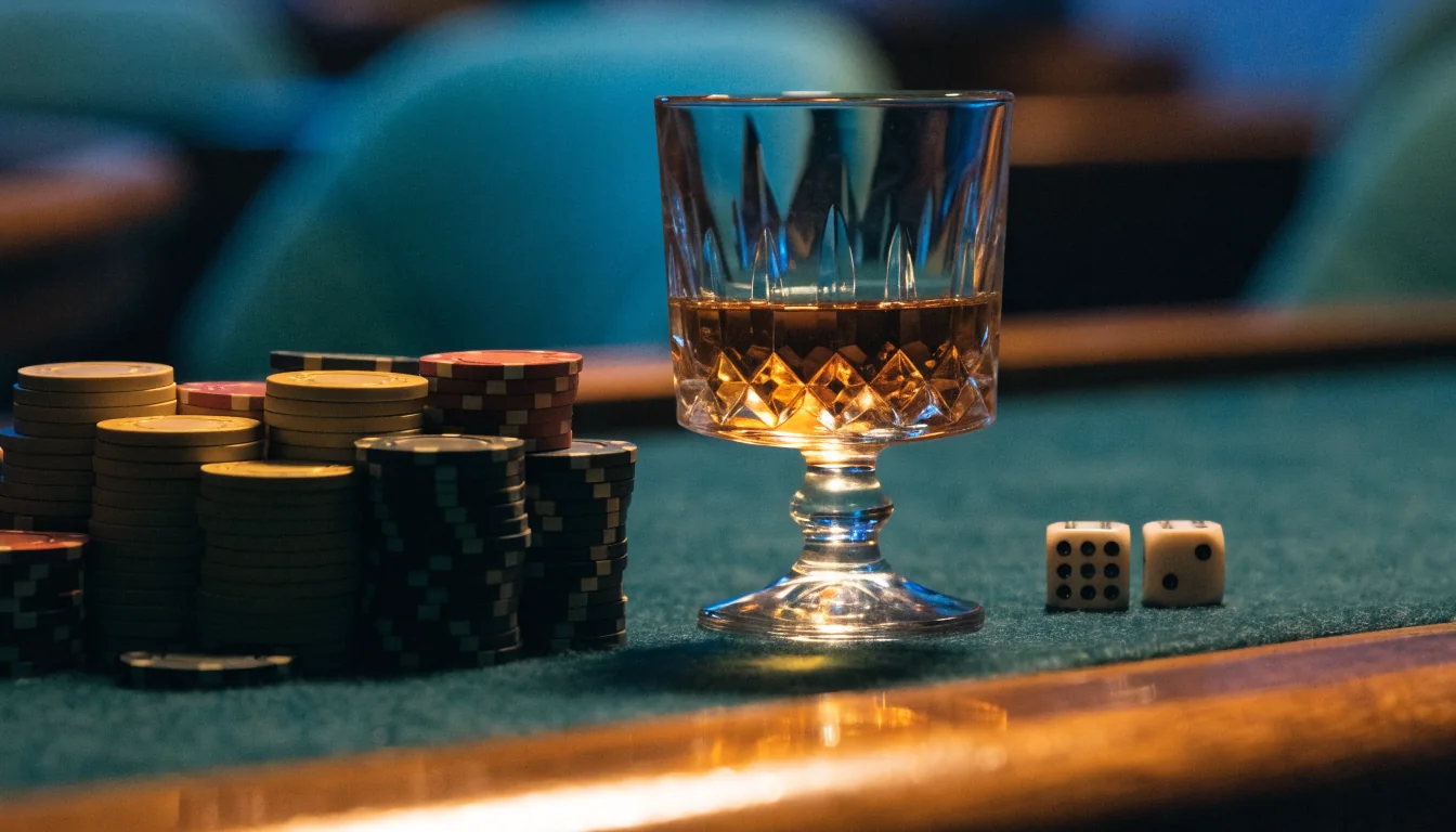 Staplade casinotårnor på grönt filtbord med whiskyglas och tärningar