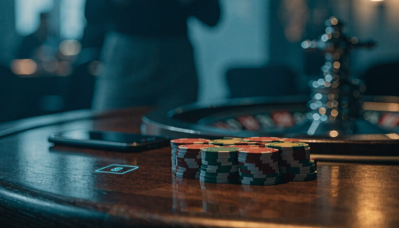 Casinochips, rouletthjul och en smartphone med en digital plånboksikon på ett mörkt bord
