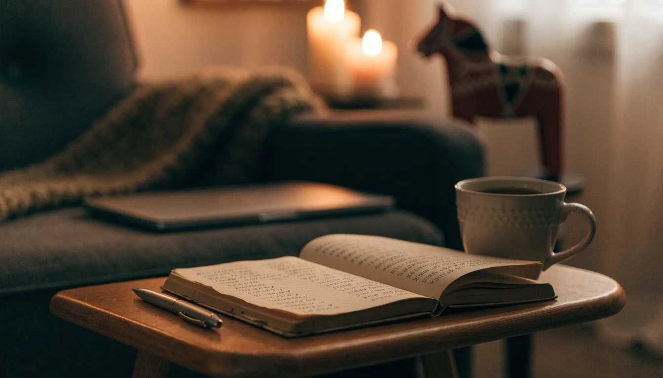 Mysigt svenskt vardagsrum med anteckningsbok, kaffekopp och Dalahäst