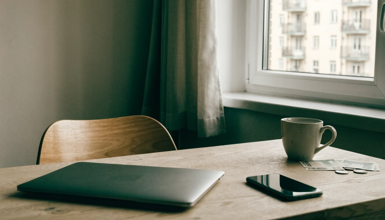 Stängd laptop och svenska kronor på skrivbord