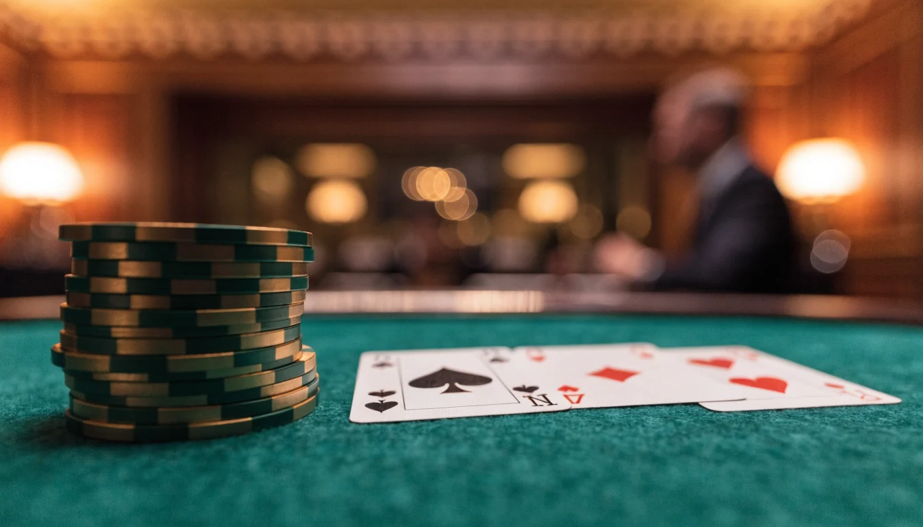 Blackjack-hand med spelkort och casinopengar på grönt bord