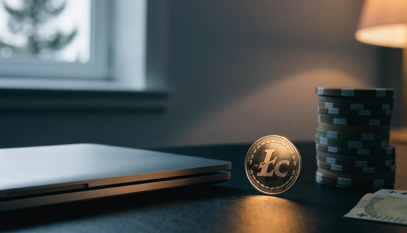 Glowande Litecoin-mynt vid sidan av casinonmarker och en bärbar dator