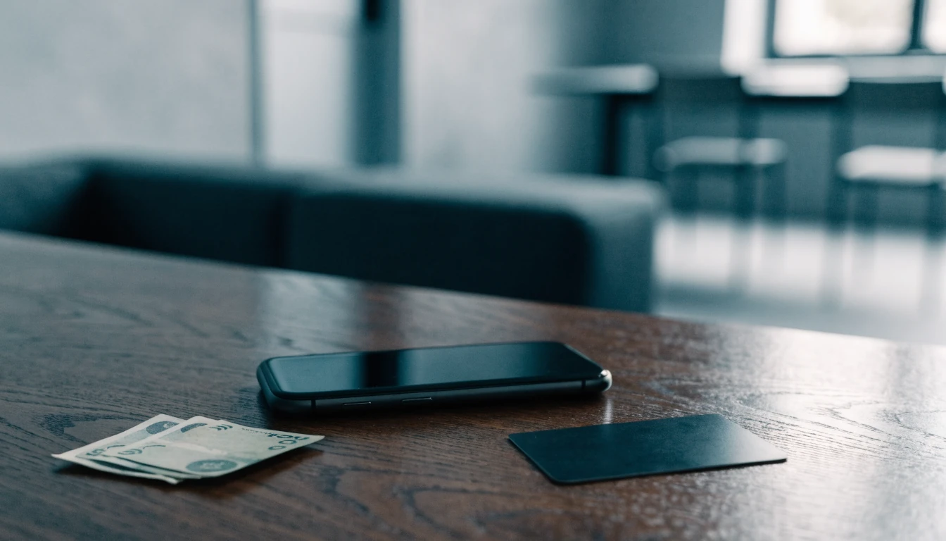 Smarttelefon med kontaktlöst kort och sedlar i nordisk interiör