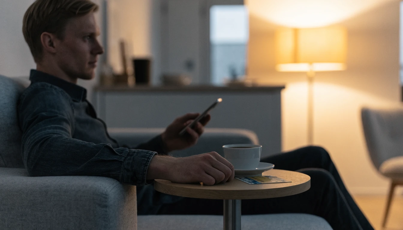 Svensk man med mobiltelefon och Neosurf-kupong i vardagsrum