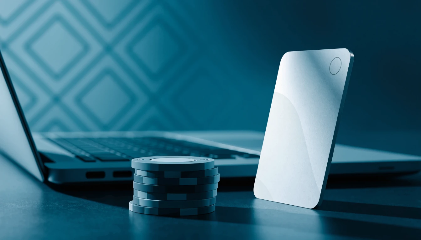 Illustration av e-plånbok, casinokakor och laptop med svensk palett