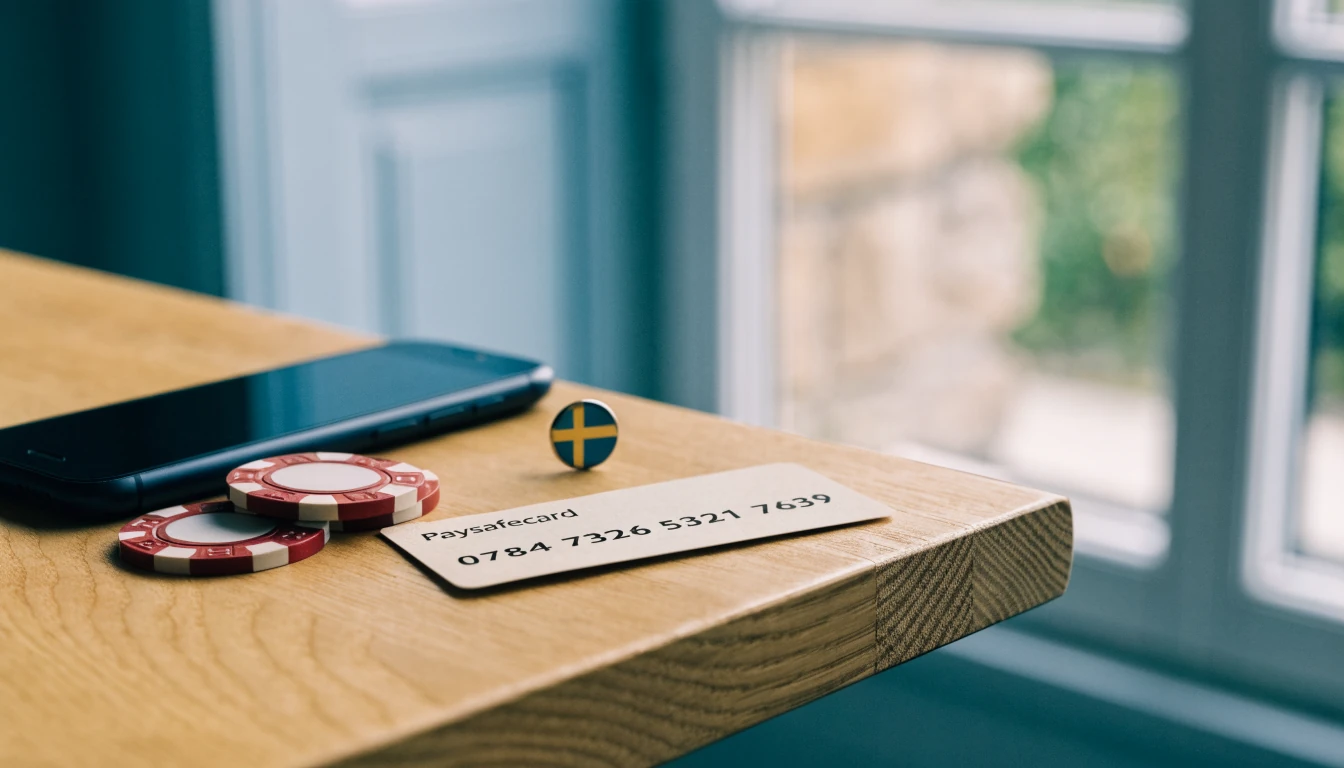Paysafecard voucher, casinofärger och svensk flagga på träbord