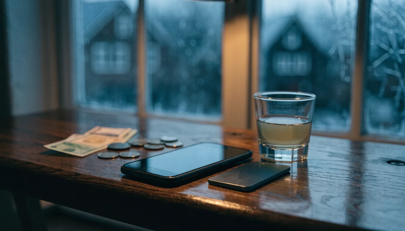 Mörkt skrivbord med smartphone, e-plnbok och svenska kronor