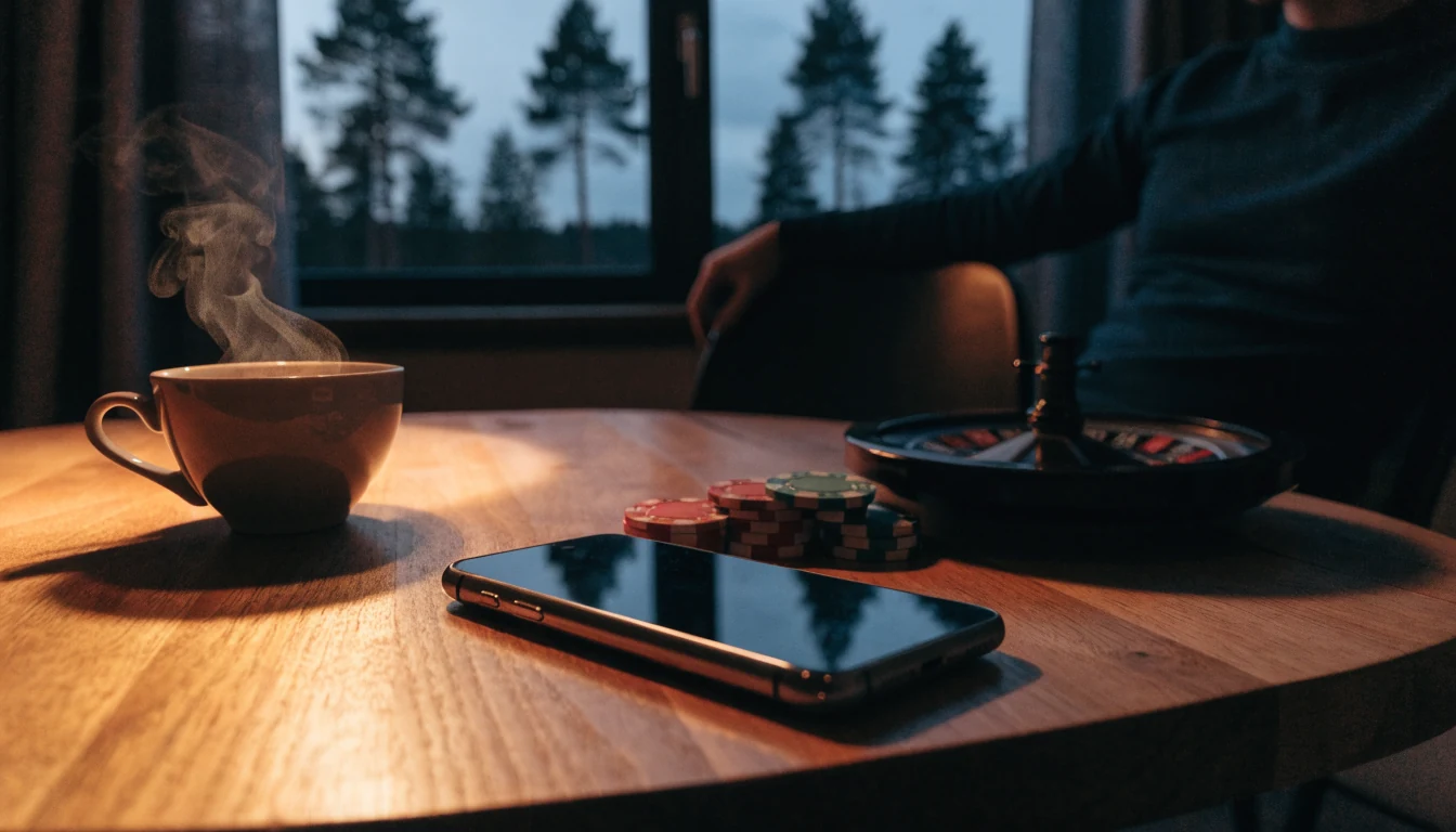 Svensk mysig vardagsrum med mobiltelefon, casinomarker och miniroulette på träbord