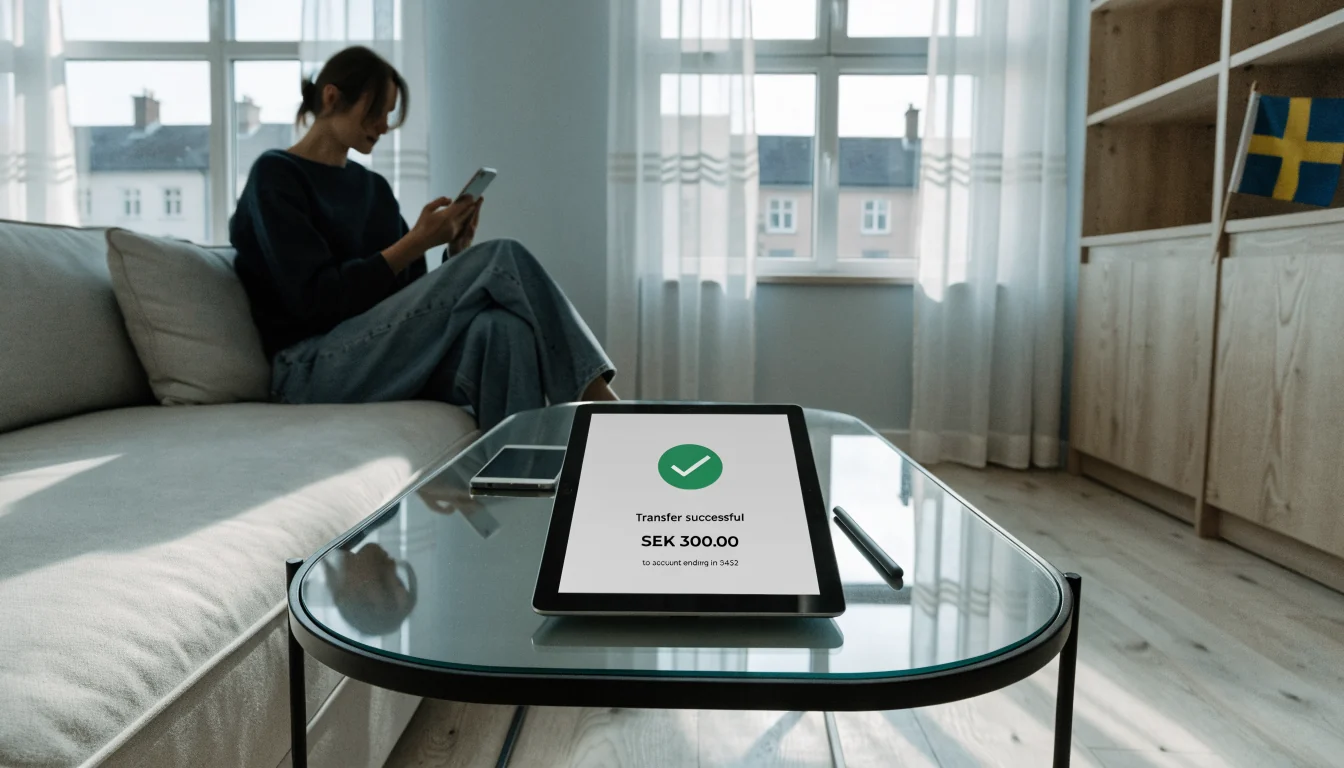 Person i svensk lägenhet med telefon och surfplatta som visar banköverföring