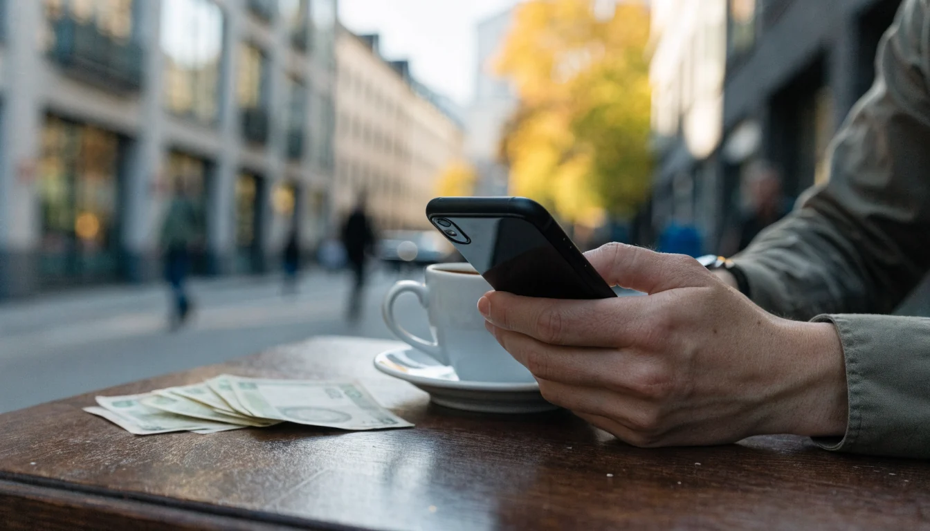Hand med smartphone och svenska kronor på ett kafé i Sverige