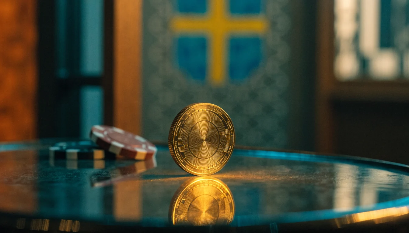 Gyllene TRX-kryptovaluta bredvid casinokort på mörkt bord