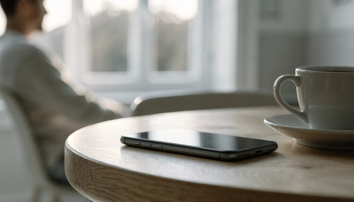 Smartphone och kaffekopp på ett minimalistiskt svenskt bord