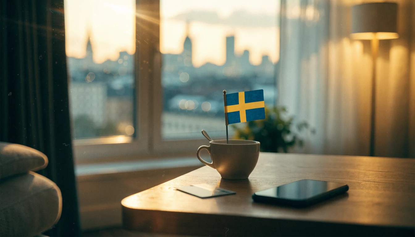 Mysigt vardagsrum i Stockholm med kreditkort och smartphone
