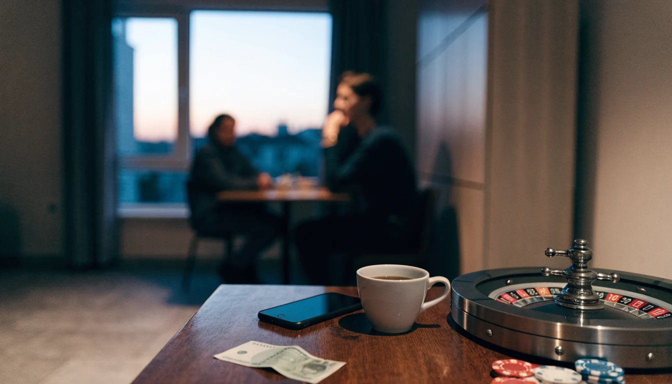 Svenskt hem med mobil, casinofigurer och kronorsedlar på bordet