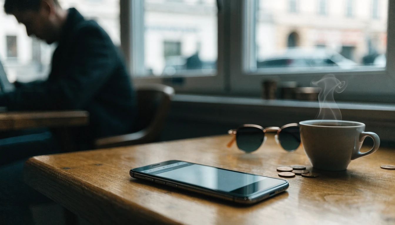 Android-telefon på ett kafé i Stockholm bredvid kaffe och svenska kronor