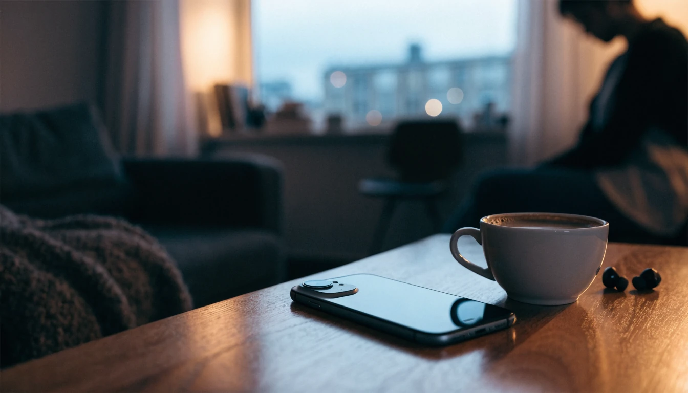 iPhone vid sida av kaffe i modernt svenskt hem