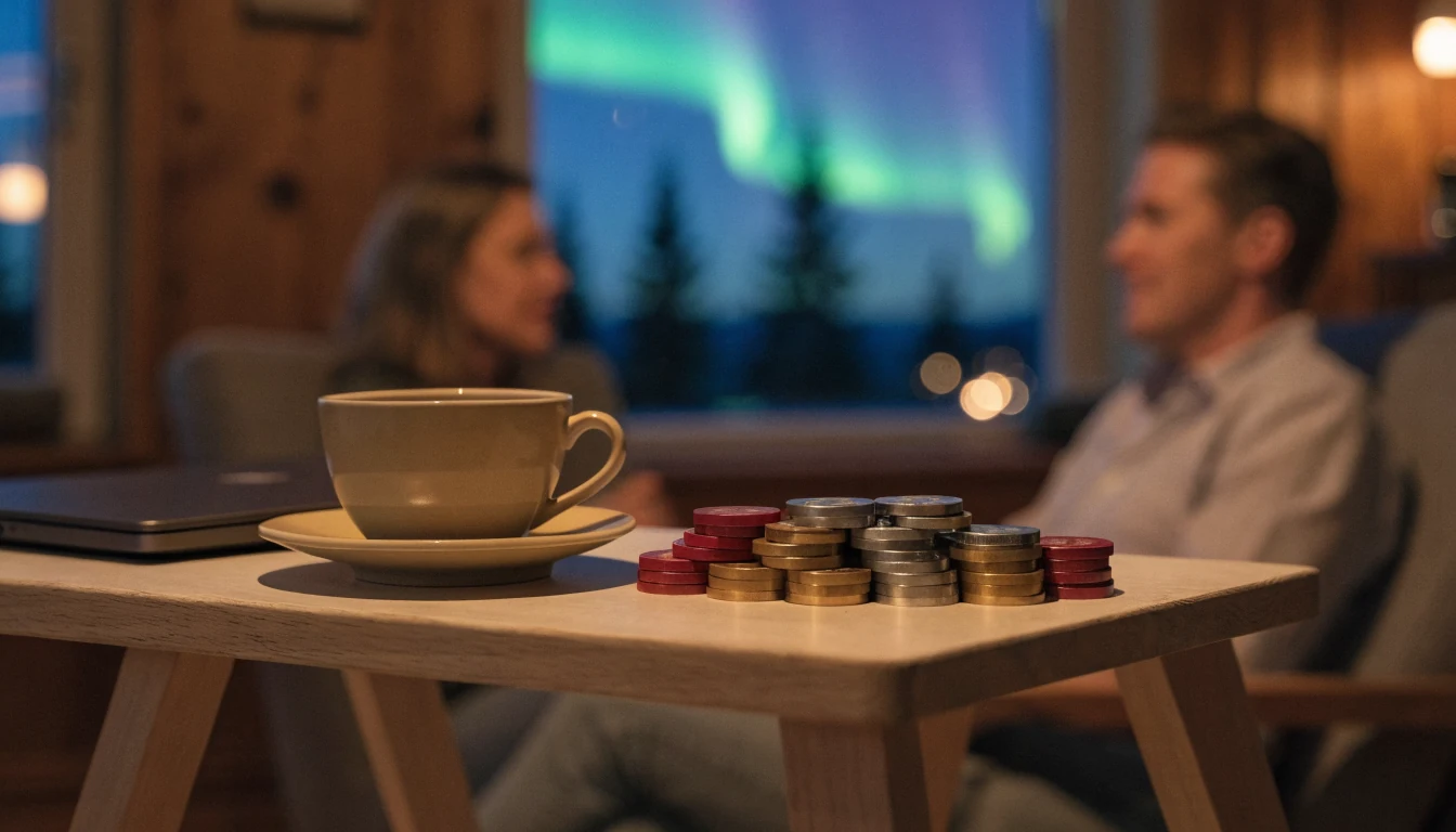 Skandinavisk hemmiljö med casinofärger, stängd bärbar dator och spelmarker