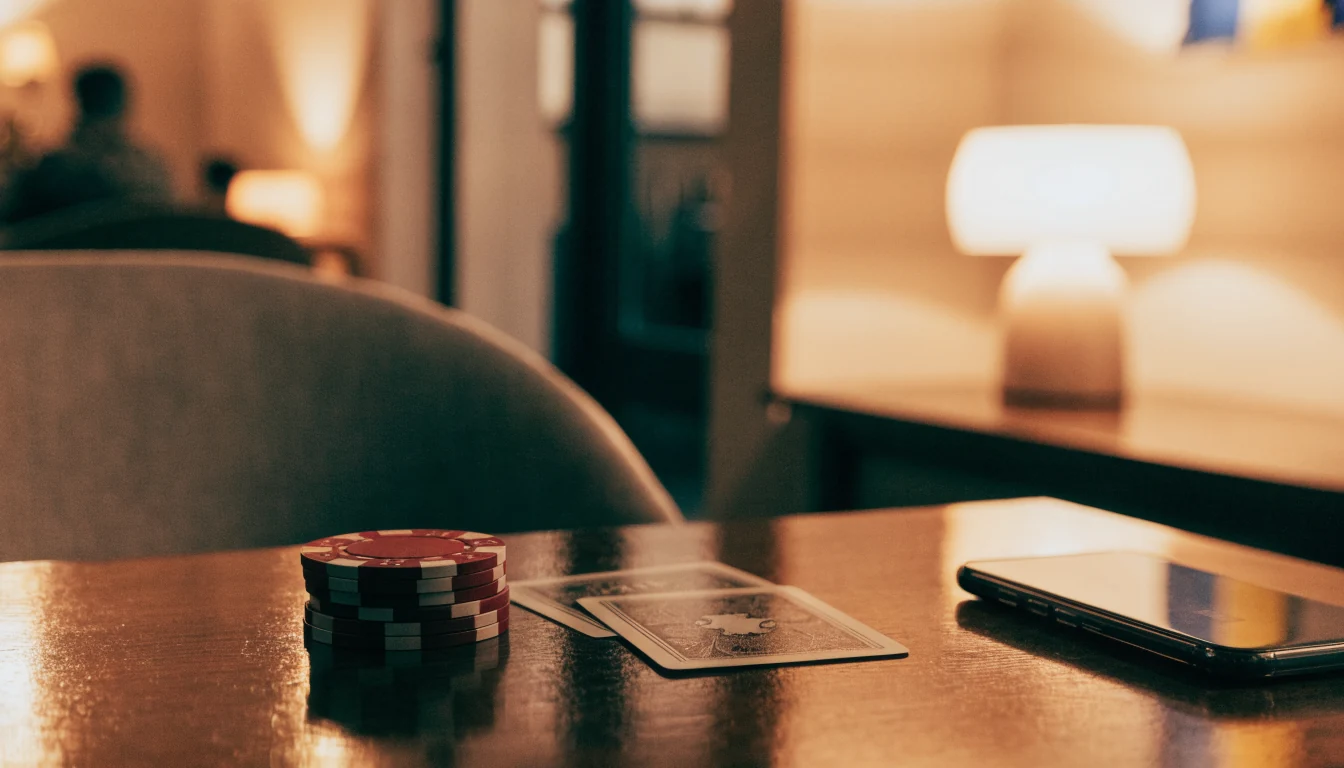Svensk minimalistisk lounge med casinomarker och spelkort på mörkt träbord.
