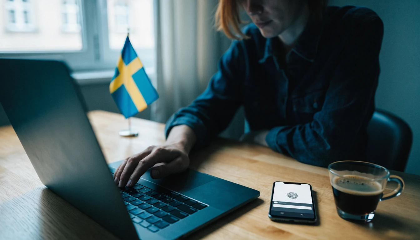 Svensk spelare vid laptop med BankID-verifiering på mobilen