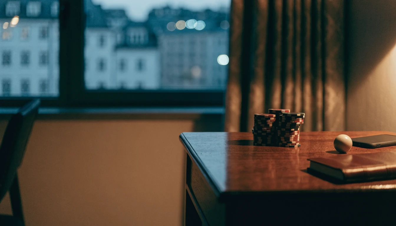 Mysigt svenskt vardagsrum med casinomarker och roulettekula på bordet